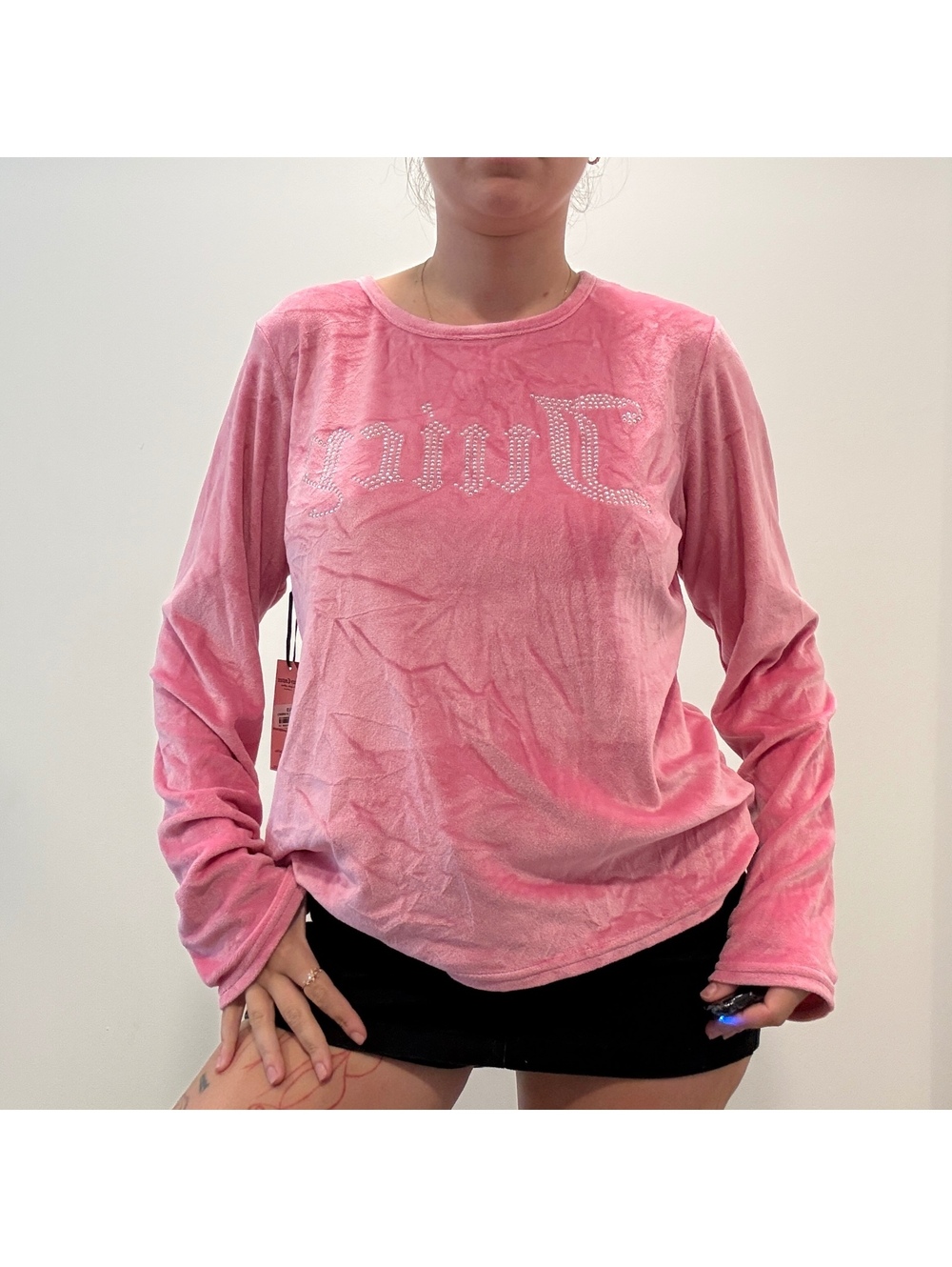 Y2K Pink Velour Rhinestone Long Sleeve Top